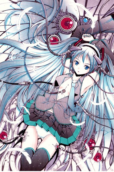 Anime picture 1494x2249 with vocaloid hatsune miku moonsorrow single tall image looking at viewer fringe open mouth blue eyes light erotic twintails blue hair very long hair pleated skirt skirt lift white wings girl thighhighs skirt underwear