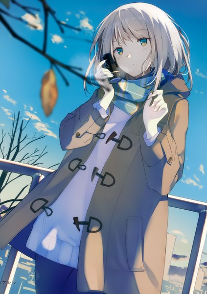 Anime picture 2487x3527 with melonbooks sutorora single tall image looking at viewer blush fringe highres short hair standing holding green eyes signed sky silver hair cloud (clouds) outdoors long sleeves blurry scan