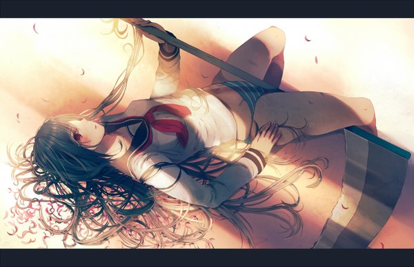 Anime picture 1500x969 with original bisco single long hair blush light erotic black hair red eyes lying light girl underwear panties petals scythe