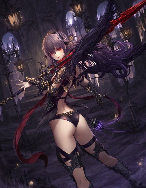 Anime picture 698x900 with sangokushi taisen wanke single long hair tall image looking at viewer fringe light erotic hair between eyes red eyes purple hair ahoge ass looking back from behind girl hair ornament weapon sword armor