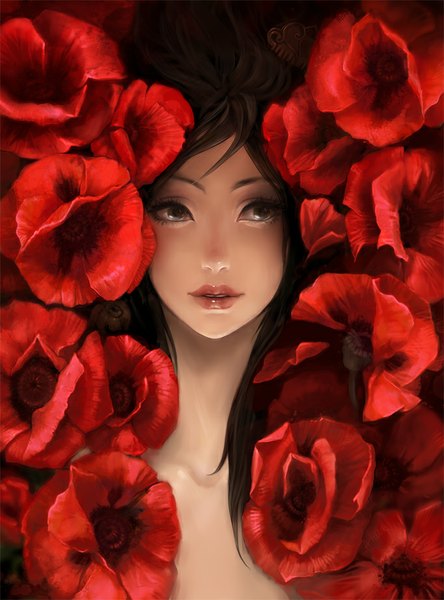 Anime picture 683x923 with original a-hour single tall image brown hair brown eyes looking away parted lips nude night lipstick portrait girl hair ornament flower (flowers) hairclip