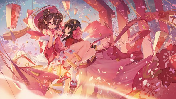 Anime picture 1919x1080 with onmyoji momo (onmyoji) sakura (onmyoji) criin long hair looking at viewer blush fringe highres light erotic smile hair between eyes red eyes brown hair wide image bare shoulders multiple girls holding payot looking away