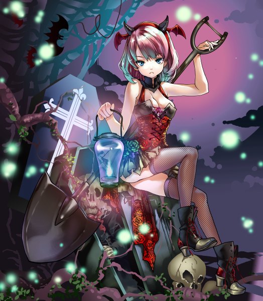 Anime picture 1048x1200 with original chushengdao single tall image looking at viewer short hair blue eyes light erotic sitting pink hair horn (horns) halloween oni horns girl thighhighs dress animal boots skull fishnet stockings