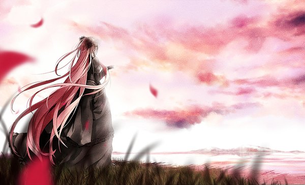 Anime picture 1000x608 with vocaloid megurine luka arisaka ako single long hair wide image standing pink hair sky cloud (clouds) very long hair alternate costume back girl dress gloves hair ornament plant (plants) petals water