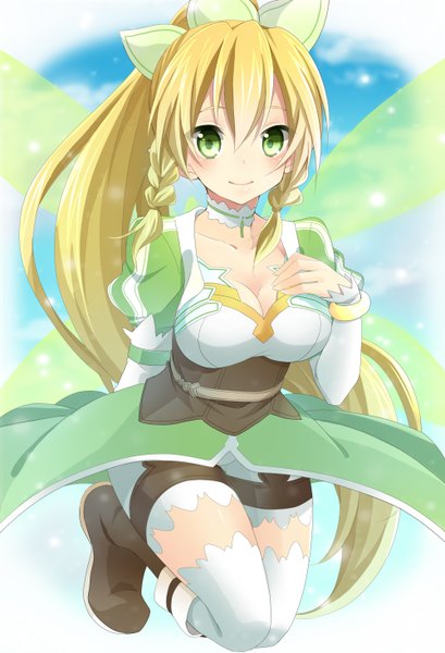 Anime picture 1000x1467 with sword art online a-1 pictures leafa i m a single long hair tall image blush breasts blonde hair smile large breasts green eyes ponytail braid (braids) twin braids girl thighhighs dress white thighhighs