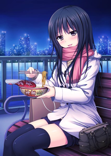 Anime picture 1447x2039 with original nakamura sumikage single long hair tall image blush open mouth black hair sitting black eyes night girl thighhighs skirt black thighhighs food jacket scarf bag cup ramen