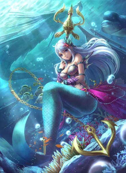 Anime picture 1196x1635 with original yazuwo long hair tall image looking at viewer breasts blue eyes bare shoulders silver hair purple hair ahoge parted lips light smile sunlight underwater sunbeam swimming girl hair ornament animal