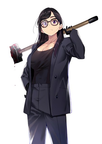 Anime picture 2149x3035 with summertime render minakata hizuru tsukudani (ore624) single long hair tall image looking at viewer highres black hair simple background standing white background purple eyes cleavage hand on hip blood on face bloody weapon girl gloves black gloves
