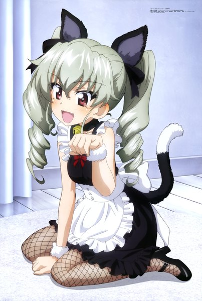 Anime picture 6071x9047 with girls und panzer megami magazine anchovy (girls und panzer) itou takeshi single long hair tall image blush fringe highres open mouth smile hair between eyes sitting purple eyes twintails animal ears looking away absurdres full body