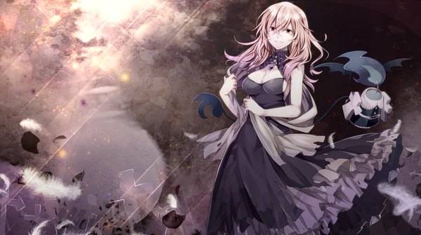 Anime picture 1500x839 with utau toudou charo single long hair looking at viewer wide image purple eyes pink hair girl dress feather (feathers) cross