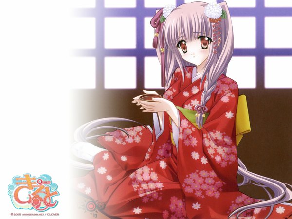 Anime picture 1600x1200 with quilt (game) airi (quilt) carnelian single looking at viewer blush sitting brown eyes pink hair braid (braids) very long hair traditional clothes japanese clothes copyright name floral print girl hair ornament socks kimono obi