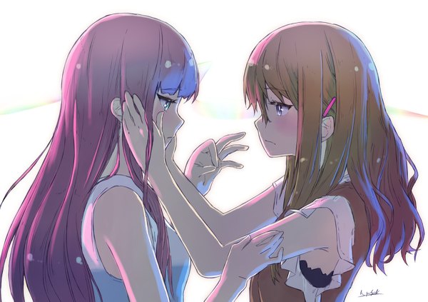 Anime picture 1200x847 with original kagawa yuusaku long hair fringe simple background brown hair white background purple eyes multiple girls signed purple hair upper body aqua eyes looking down shoujo ai sad hands on another's face girl hair ornament 2 girls