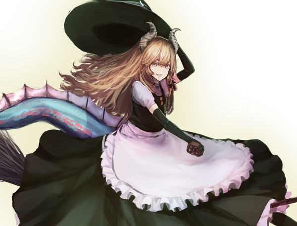 Anime picture 1775x1350 with touhou kirisame marisa kikimifukuri single long hair looking at viewer fringe highres open mouth smile brown hair yellow eyes tail braid (braids) :d horn (horns) short sleeves puffy sleeves side braid transparent background