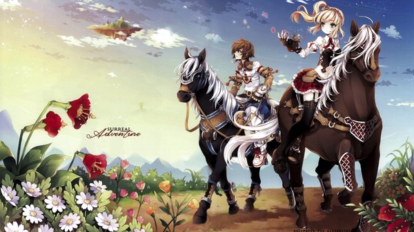Anime picture 1920x1080 with original tearfish long hair highres short hair blue eyes blonde hair brown hair wide image sky cloud (clouds) girl thighhighs dress boy gloves flower (flowers) black thighhighs animal petals