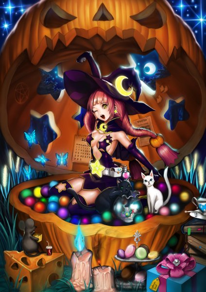 Anime picture 3508x4961 with original silvester single long hair tall image highres open mouth yellow eyes pink hair absurdres one eye closed wink halloween crescent girl thighhighs gloves elbow gloves insect butterfly