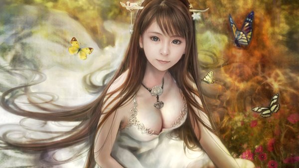 Anime picture 1920x1080 with original eat0123 single long hair looking at viewer highres breasts light erotic brown hair wide image from above realistic grey eyes girl dress hair ornament flower (flowers) white dress pendant insect