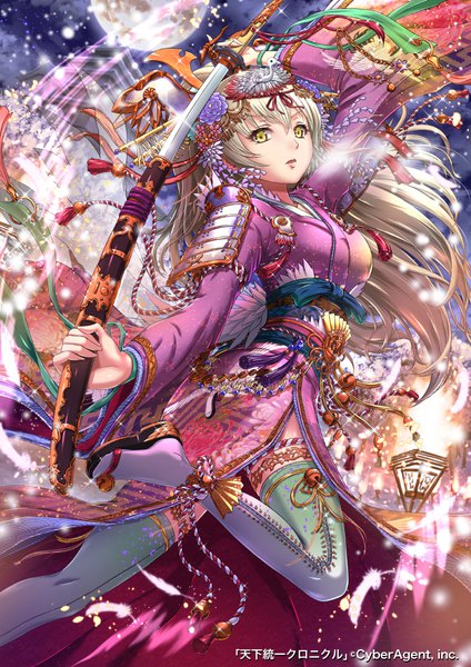 Anime picture 800x1131 with tenkuu no crystalia sakiyamama single long hair tall image looking at viewer fringe open mouth hair between eyes standing holding yellow eyes cloud (clouds) outdoors white hair traditional clothes japanese clothes arm up night wide sleeves