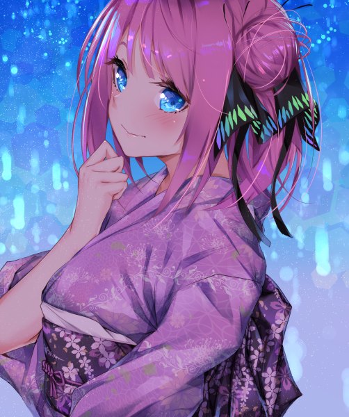 Anime picture 2008x2400 with go-toubun no hanayome nakano nino sahara386 single tall image looking at viewer blush fringe highres short hair breasts blue eyes simple background smile payot pink hair upper body traditional clothes japanese clothes hair bun (hair buns)