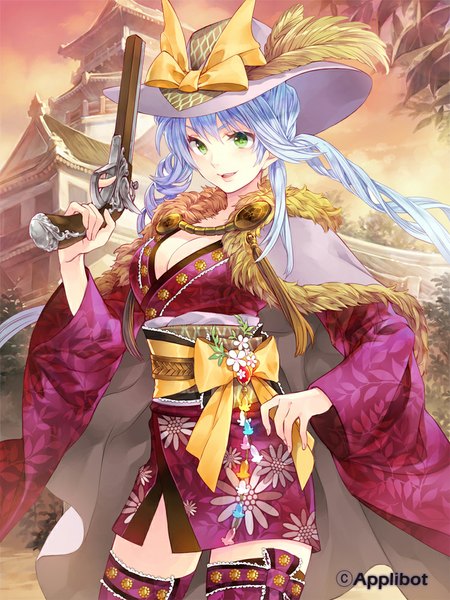 Anime picture 750x1000 with sengoku saga hakou (barasensou) single long hair tall image looking at viewer open mouth green eyes blue hair traditional clothes japanese clothes girl bow weapon hat kimono gun