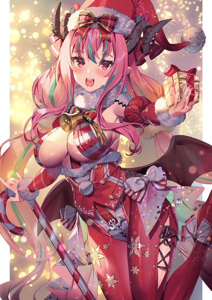 Anime picture 566x800 with virtual youtuber indie virtual youtuber nakajima pepero yoshimoto (dear life) single long hair tall image looking at viewer blush breasts open mouth light erotic large breasts pink hair :d pink eyes multicolored hair horn (horns) streaked hair christmas