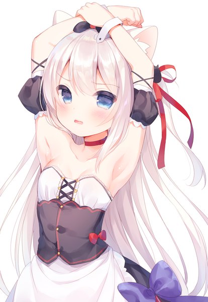 Anime picture 700x1014 with azur lane hammann (azur lane) usashiro mani single long hair tall image looking at viewer blush fringe open mouth blue eyes simple background hair between eyes standing white background animal ears cleavage silver hair arm up cat ears