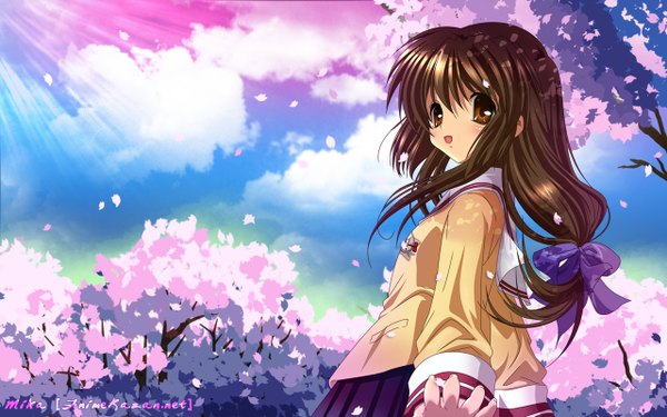 Anime picture 1280x800 with clannad key (studio) ibuki fuuko single long hair blush open mouth smile brown hair wide image brown eyes signed sky cloud (clouds) sunlight sunbeam girl uniform bow plant (plants)