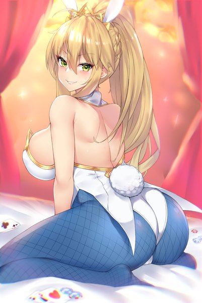 Anime picture 3471x5184 with fate (series) fate/grand order artoria pendragon (all) artoria pendragon (swimsuit ruler) (fate) kuavera single long hair tall image looking at viewer blush fringe highres breasts light erotic blonde hair smile hair between eyes large breasts bare shoulders green eyes