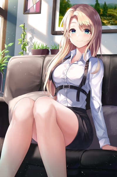 Anime picture 3328x5000 with original gongha single long hair tall image looking at viewer blush fringe highres breasts blue eyes blonde hair smile hair between eyes sitting absurdres bent knee (knees) indoors long sleeves arm support
