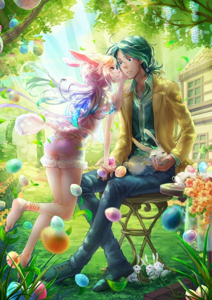 Anime picture 848x1200 with original konta (pixiv1109207) long hair tall image short hair green eyes animal ears pink hair sky full body tail animal tail profile pink eyes barefoot green hair bunny ears couple bunny girl bunny tail