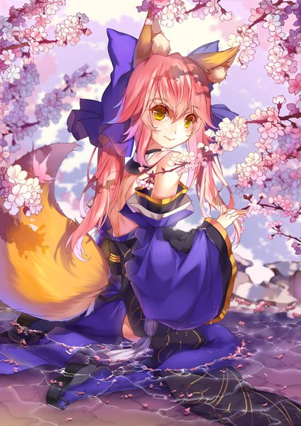 Anime picture 1772x2506 with fate (series) fate/extra tamamo (fate) (all) tamamo no mae (fate) vieny single long hair tall image looking at viewer blush fringe highres hair between eyes sitting bare shoulders animal ears pink hair tail animal tail light smile