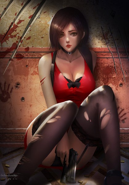 Anime picture 1081x1546 with resident evil ada wong turewindwalker single tall image looking at viewer short hair breasts light erotic brown hair sitting bare shoulders holding signed cleavage bent knee (knees) indoors parted lips realistic grey eyes