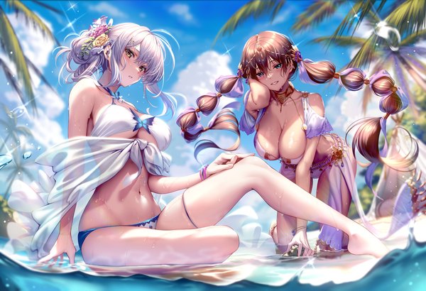 Anime picture 4096x2801 with mahjong soul yagi yui sara (mahjong soul) piromizu long hair looking at viewer fringe highres breasts blue eyes light erotic hair between eyes brown hair large breasts sitting twintails multiple girls yellow eyes absurdres sky