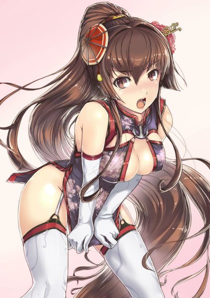 Anime picture 787x1120 with kantai collection yamato super battleship hi-ho- single tall image looking at viewer blush fringe breasts open mouth light erotic simple background brown hair large breasts bare shoulders brown eyes ponytail very long hair traditional clothes japanese clothes