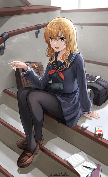 Anime picture 1500x2454 with original junshiki single long hair tall image looking at viewer fringe open mouth blonde hair hair between eyes sitting holding brown eyes signed payot full body indoors long sleeves :d pleated skirt