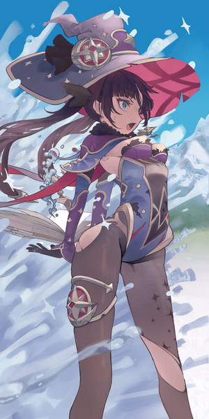Anime picture 600x1200 with genshin impact mona megistus aroha (aroha390) single long hair tall image breasts open mouth light erotic black hair twintails payot looking away outdoors aqua eyes girl gloves hat detached sleeves pantyhose