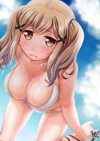 Anime picture 627x885 with bang dream! ichigaya arisa ayama yuiya single tall image looking at viewer blush fringe short hair breasts open mouth light erotic hair between eyes brown hair large breasts twintails bare shoulders brown eyes signed payot