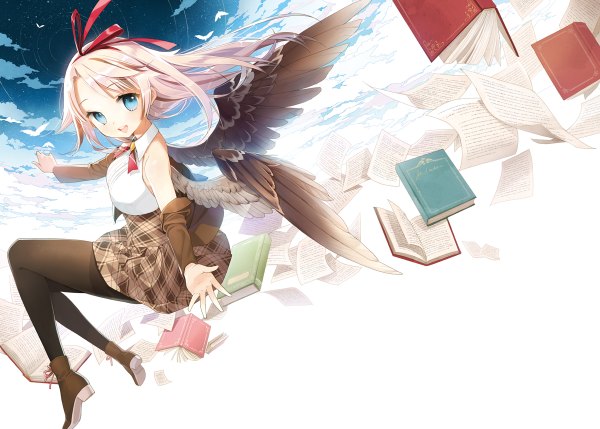 Anime picture 1200x858 with original salt (salty) single long hair blush open mouth blue eyes cloud (clouds) white hair girl skirt ribbon (ribbons) hair ribbon miniskirt pantyhose wings black pantyhose book (books)