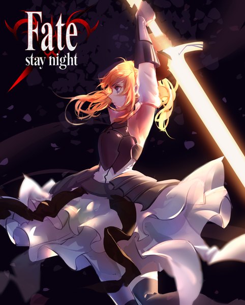 Anime picture 1500x1865 with fate (series) fate/stay night fate/unlimited codes artoria pendragon (all) saber lily mconch single long hair tall image blue eyes blonde hair payot profile inscription arms up armpit (armpits) copyright name logo girl thighhighs