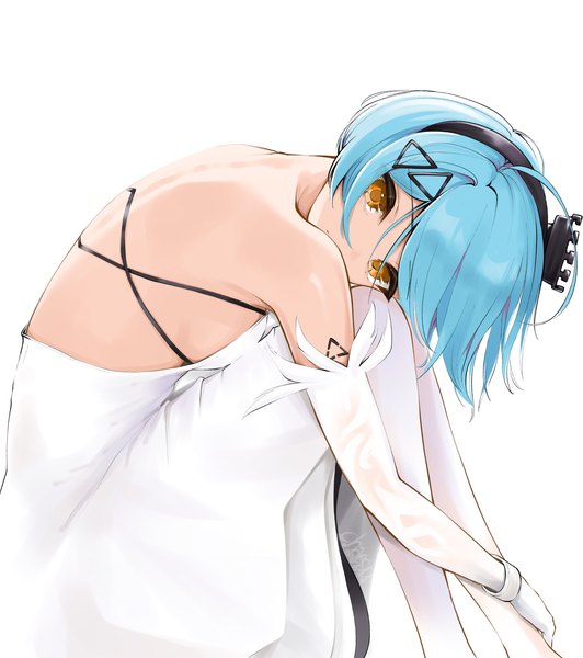 Anime picture 1685x1900 with girls frontline zas m21 (girls frontline) chaesu single tall image looking at viewer short hair simple background white background signed blue hair orange eyes tattoo back bare back leg hug girl dress gloves pantyhose