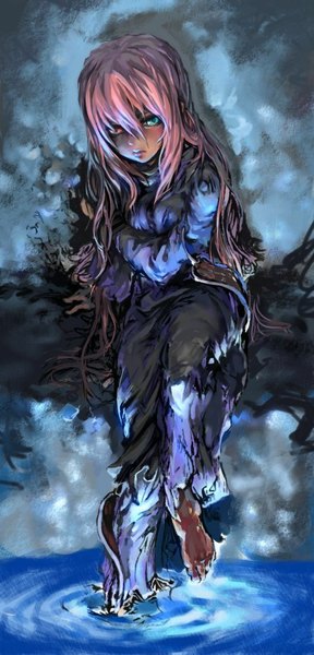 Anime picture 500x1039 with original ajuen (original) phantom (ptcrow) single long hair tall image looking at viewer pink hair barefoot from above lips arm support heterochromia girl water