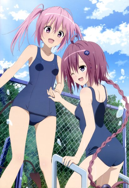 Anime picture 4095x5964 with toloveru toloveru darkness xebec nyantype nana asta deviluke kurosaki mea long hair tall image highres open mouth light erotic twintails purple eyes multiple girls pink hair absurdres purple hair tail braid (braids) one eye closed