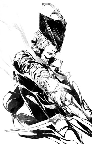 Anime-Bild 901x1406 mit bloodborne from software lady maria of the astral clocktower megasus single tall image short hair simple background white background upper body outdoors lips monochrome hat over eyes girl hat