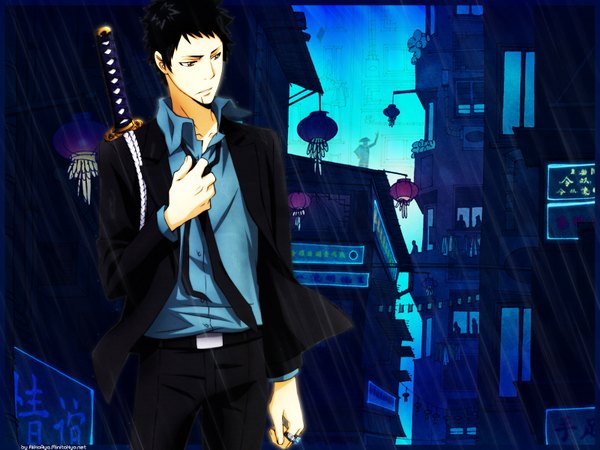 Anime picture 1600x1200 with katekyou hitman reborn yamamoto takeshi short hair black hair city scar boy sword necktie katana ring