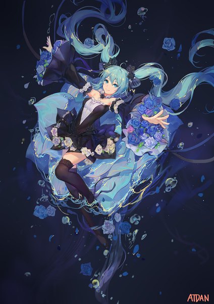 Anime picture 843x1193 with vocaloid hatsune miku atdan single tall image looking at viewer smile twintails bare shoulders signed full body ahoge very long hair hair flower aqua eyes aqua hair wide sleeves zettai ryouiki floating hair spread arms