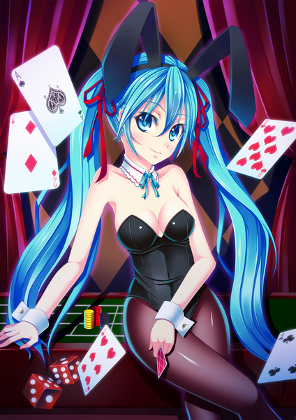 Anime picture 848x1200 with vocaloid hatsune miku kazane kirito single long hair tall image looking at viewer breasts blue eyes light erotic twintails animal ears blue hair tail animal tail bunny ears bunny girl bunny tail casino girl