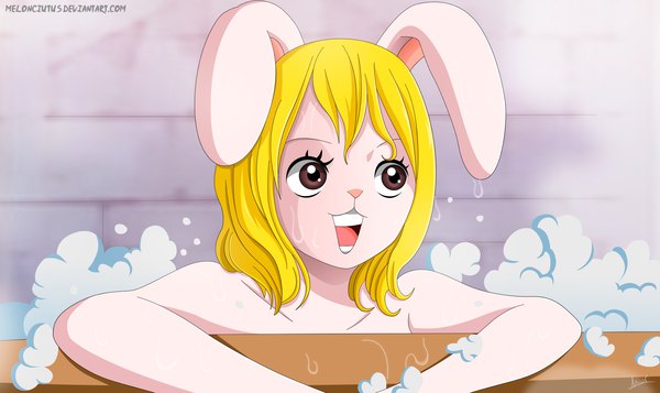 Anime picture 2000x1191 with one piece toei animation carrot (one piece) melonciutus single fringe highres short hair open mouth blonde hair smile hair between eyes wide image bare shoulders brown eyes signed animal ears looking away upper body teeth