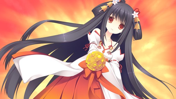 Anime picture 1280x720 with magical dears takanashi saya single black hair red eyes wide image bare shoulders game cg very long hair traditional clothes japanese clothes miko girl hair ornament bell jingle bell kagura suzu