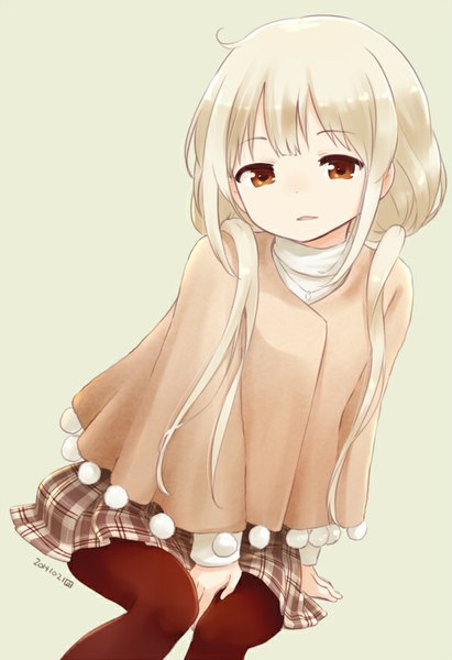 Anime picture 600x875 with idolmaster idolmaster cinderella girls futaba anzu nagian single long hair tall image looking at viewer fringe simple background blonde hair sitting twintails brown eyes signed payot ahoge bent knee (knees) parted lips pleated skirt