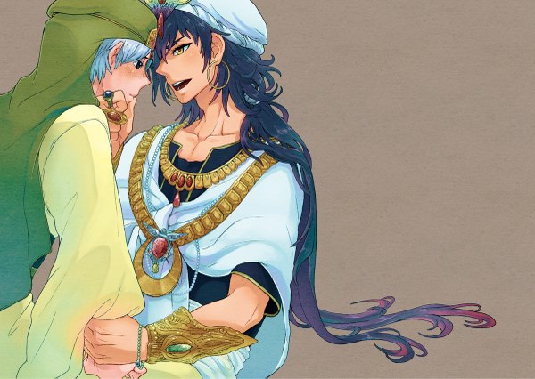 Anime picture 1200x853 with magi the labyrinth of magic a-1 pictures ja'far (magi) sinbad (magi) kotorimochi23 long hair short hair open mouth simple background yellow eyes blue hair silver hair multicolored hair multiple boys shounen ai freckles boy earrings 2 boys jewelry