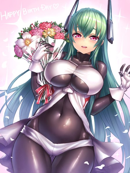 Anime picture 750x1000 with original menou kaname yapo (croquis side) single long hair tall image looking at viewer blush fringe breasts light erotic simple background smile hair between eyes large breasts pink eyes green hair thigh gap covered navel ass visible through thighs
